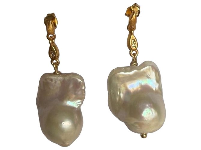 Autre Marque Barockperlen- und Diamant-Hängeohrringe