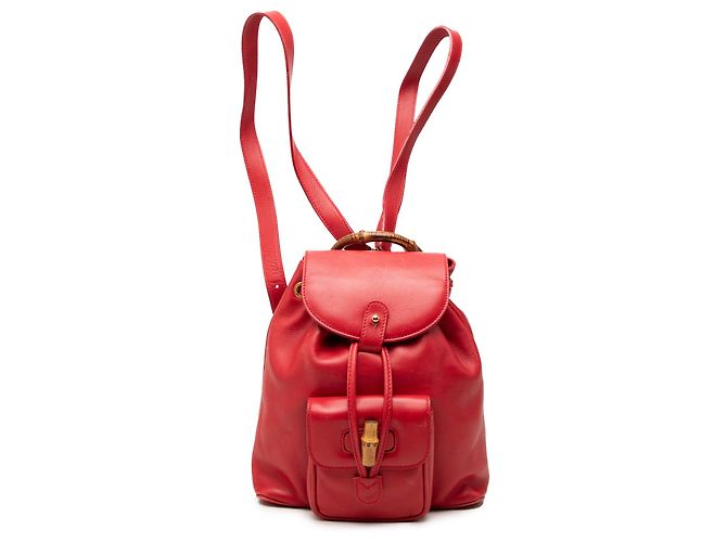 Gucci Red Calfskin Bamboo Drawstring Backpack