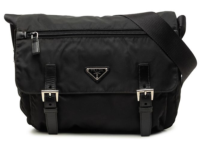 Double Bolsa Messenger Prada em Tessuto preta com zíper e fivela dupla