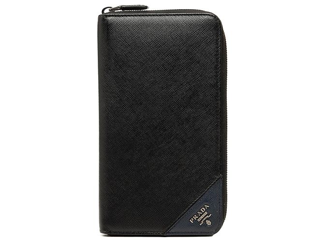 Prada Black Saffiano Zip Around Long Wallet