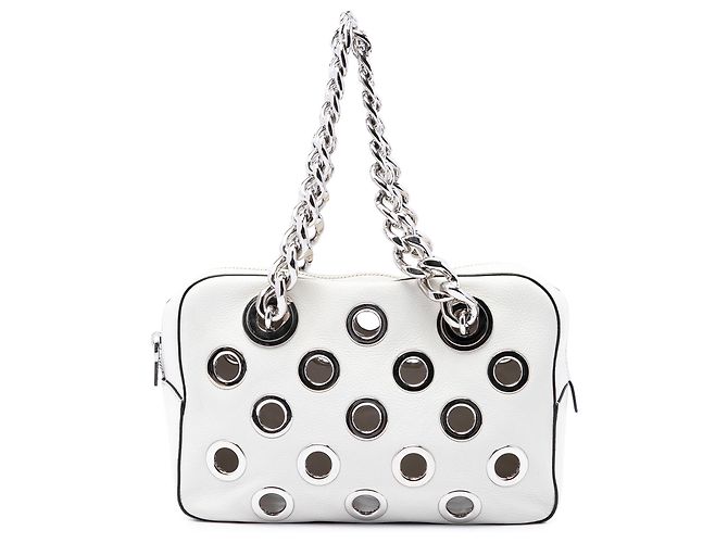 Bolsa de Ombro Prada White Vitello Daino com Corrente e Ilhoses