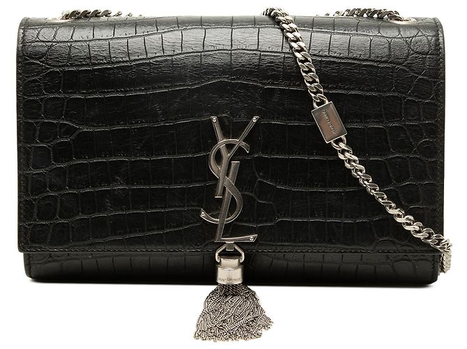 Autre Marque Saint Laurent Black Medium Croc Embossed Leather Monogram Kate Tassel Crossbody