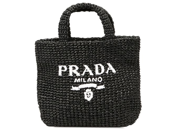 Prada Black Small Raffia Effect Crochet Embroidered Logo Tote