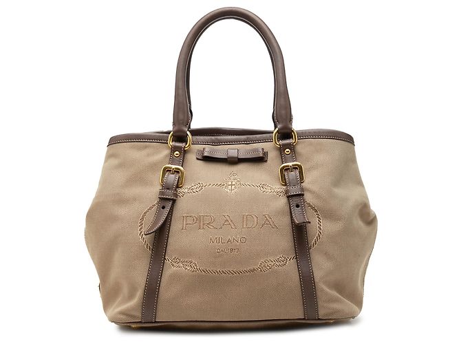 Bow Bolsa Satchel Prada em lona Canapa bege com logo e laço