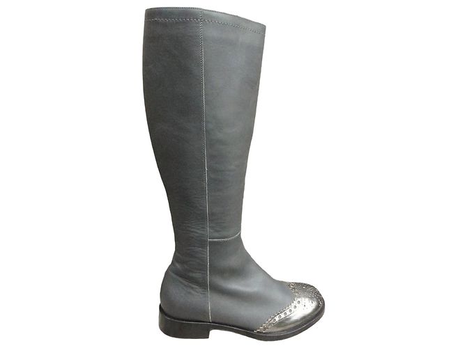 Pollini Grey Leather High Boots with Metallic Toe