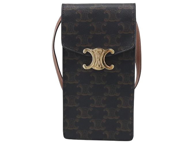 Céline CELINE Macadam Canvas Triomphe Vertical Mobile Pouch PVC Brown Gold Auth ka6842 - Jerrillo