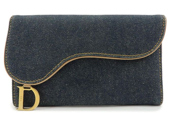Christian Dior Saddle Denim Leather Bi-fold Long Wallet Blue
