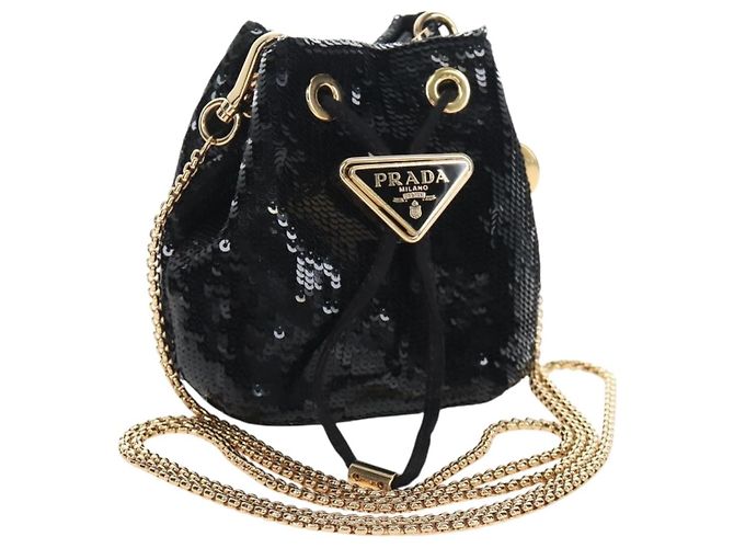 PRADA Chain Shoulder Pouch Sequin Black Gold