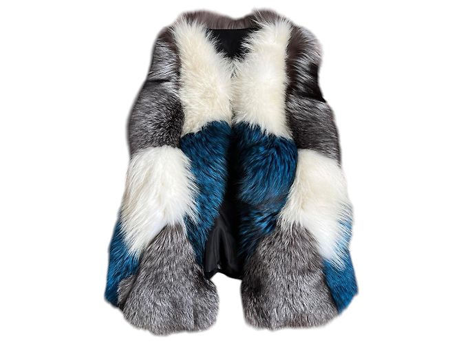 Autre Marque Designer Patchwork Fox Fur Vest - Blue, White, Grey