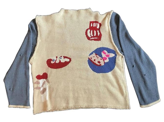 Autre Marque Beiger Strickpullover mit blauen Ärmeln