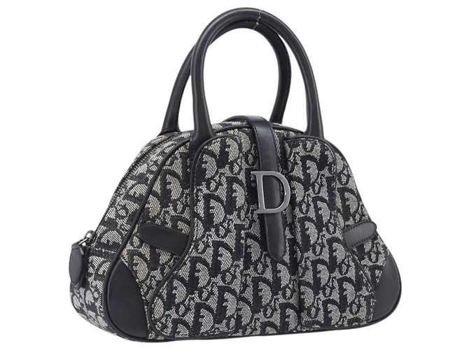 Christian Dior Trotter Canvas Double Saddle Hand Bag Black Silver