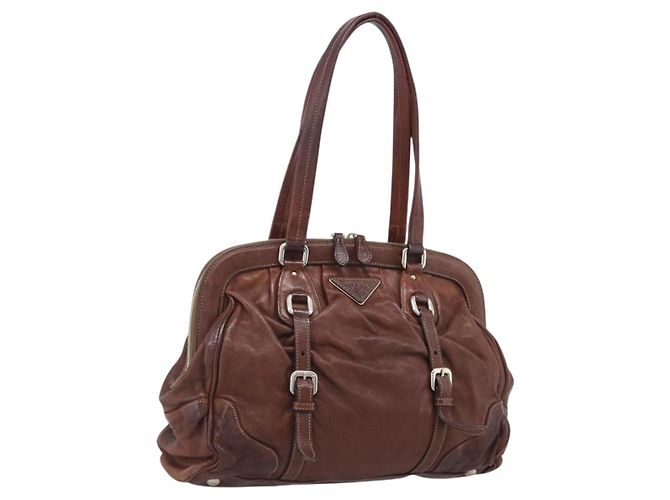PRADA Tote Bag Leather Brown Silver