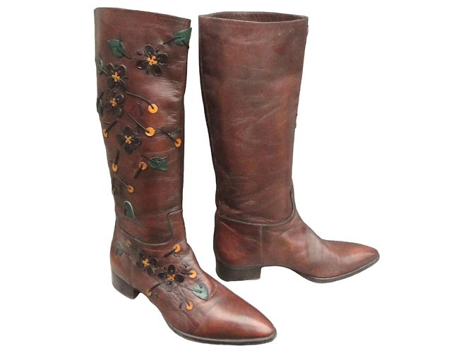 Prada Brown Leather Floral Appliqué Boots