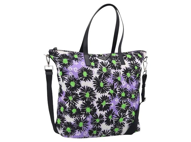 PRADA Tote Bag Nylon 2way Morado Plata Auth 210285A - Jerrillo