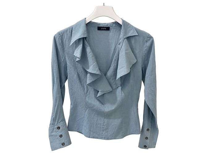 Zapa Camicia in seta e cotone blu con volant