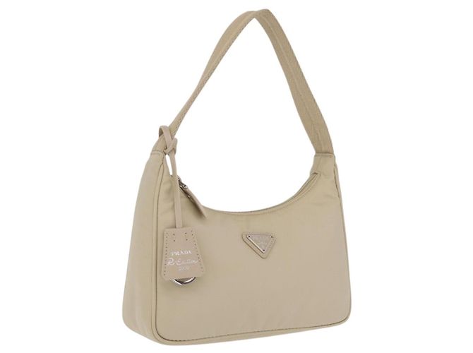 PRADA Hand Bag Nylon Beige Silver