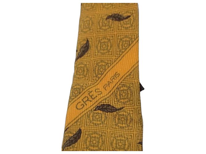 Autre Marque Gres Paris Silk Tie Yellow Leaf Pattern