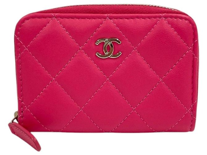 Chanel Portacarte con zip in pelle di agnello rosa