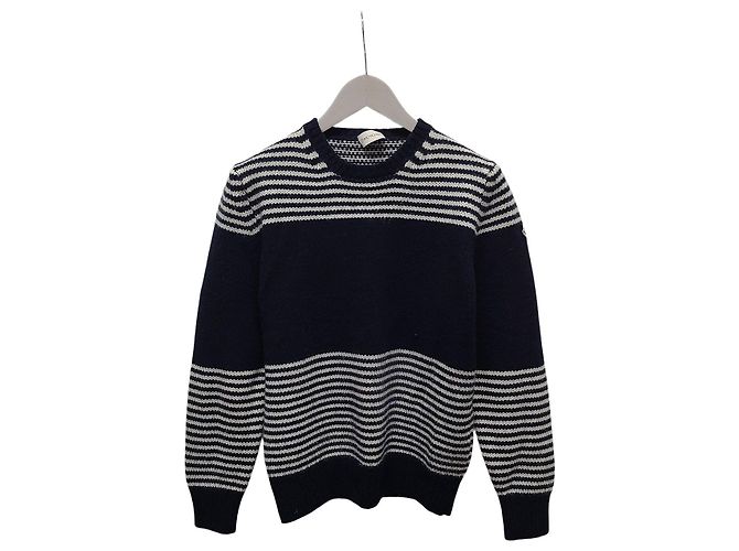 Moncler Maglia a girocollo a righe con logo patch Navy