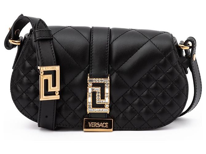 Versace Gesteppte Schultertasche aus schwarzem Leder