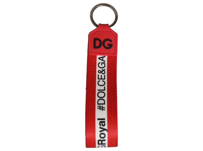 Dolce & Gabbana Red Logo Polyester Silver Brass Holder Keychain Keyring