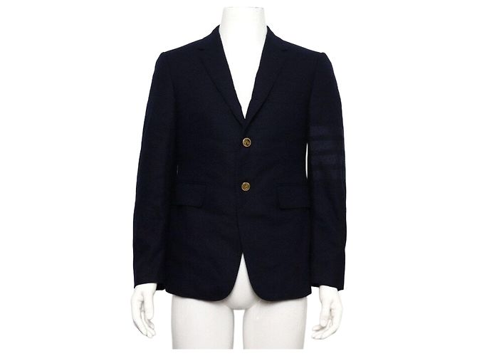 Thom Browne Navy Stripe Plain Weaving Wool Jacket with Gold Buttons