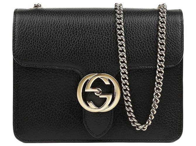 Gucci Bolsa de Corrente Small Interlocking GG Preta e Dourada