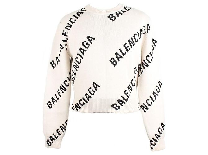 Balenciaga Multi Logo Oversized Strickpullover Weiß