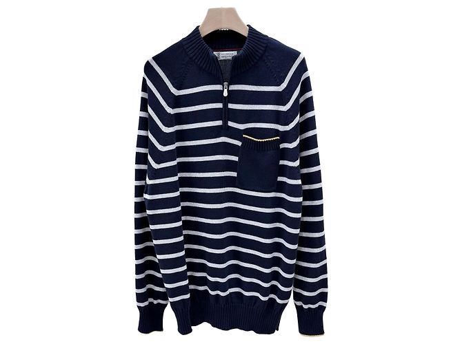 Brunello Cucinelli Gestreifter Strickpullover mit Half-Zip