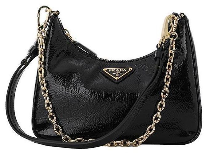 Prada NaPlaque Bolsa Mini Hobo em couro patente com logo triangular e alça de ombro