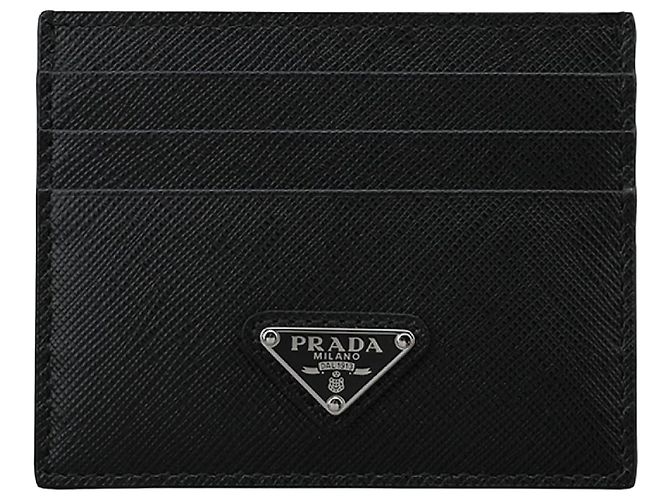 Prada Saffiano Triangle Card Case Black Silver QHH
