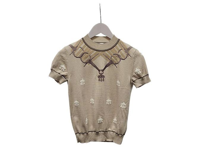 Hermès Pull en maille jacquard à manches courtes Beige Candy Ribless