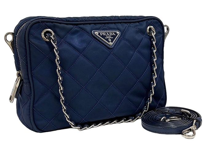 Prada Triangular Logo Nylon Quilted Chain Shoulder Bag Navy