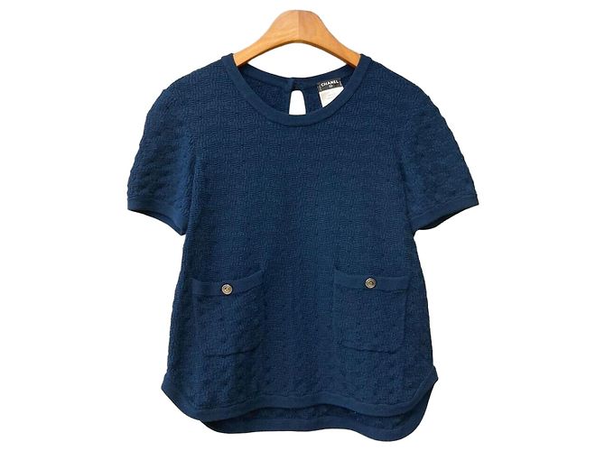Chanel COCO Knopf Kurzarm Strick Navy