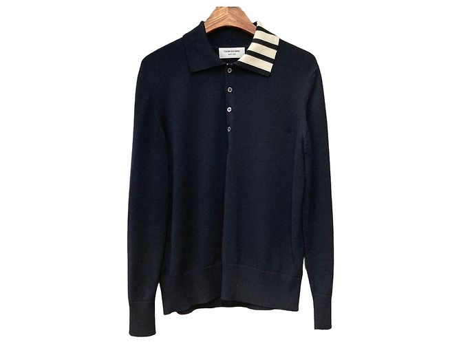 Thom Browne Diagonal Langarm-Strick mit Kragen in Navy