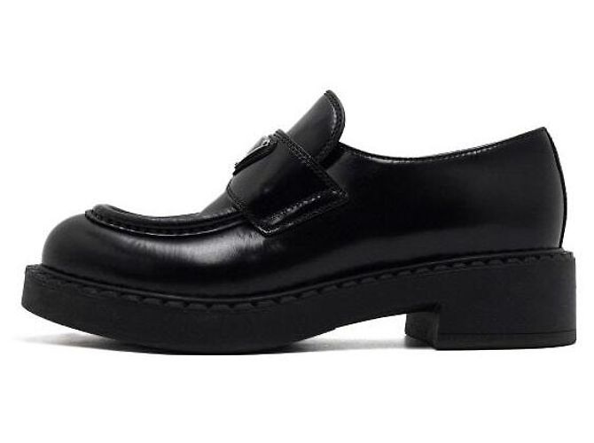Prada Black Leather Triangular Logo Brushed Women's Loafers