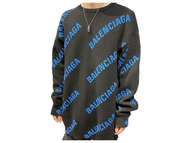 Balenciaga Intarsia Pullover Strick Black Blue