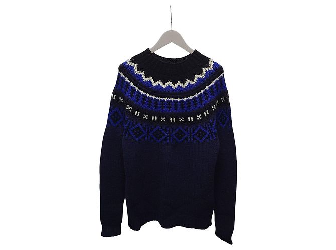 Moncler Navy Blue Nordic Pattern Leather Logo Mockneck Knit