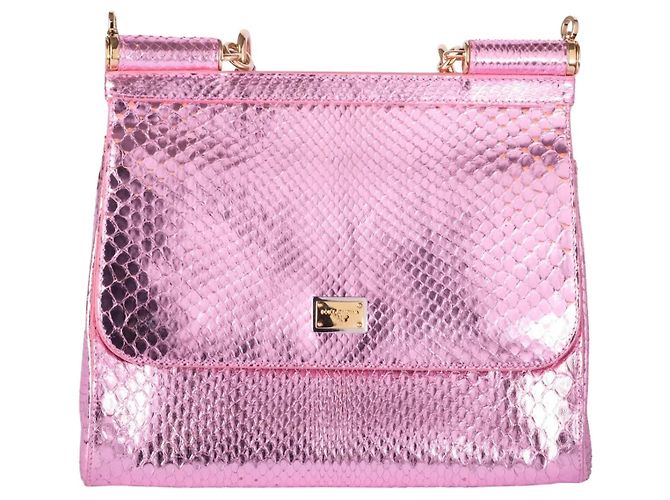 mala Dolce & Gabbana Small Miss Sicily em python rosa metálico