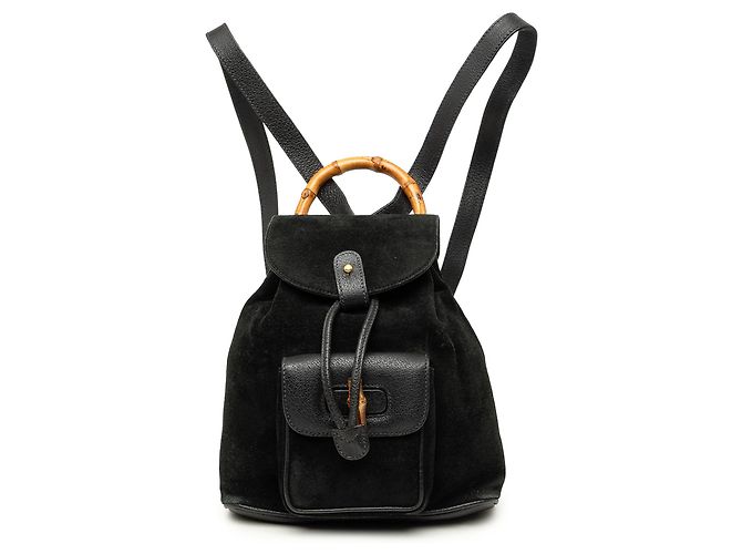 Gucci Black Suede Bamboo Drawstring Backpack