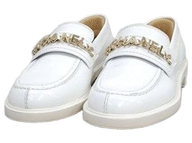 Chanel Mocassin Initial Patent Chain White