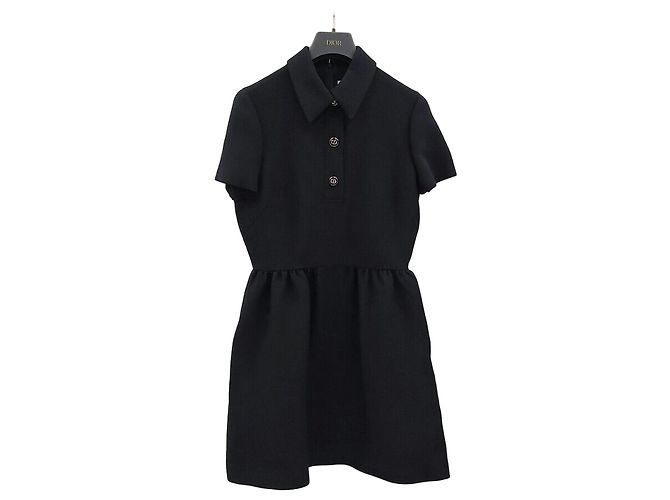 Dior CD Button-Feed Dress Black Wool Silk