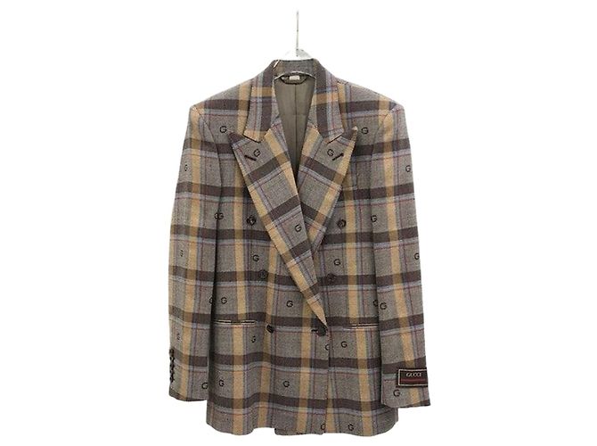 Gucci Embroidered Pattern Brown Check Double-Breasted Jacket