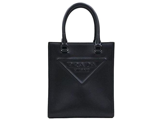 Prada Embossed Triangle Logo Leather Tote Bag