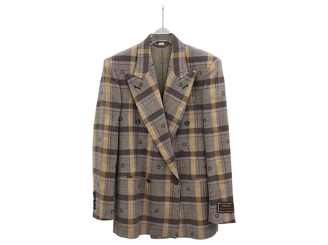 Gucci Embroidered Pattern Brown Check Double-Breasted Jacket