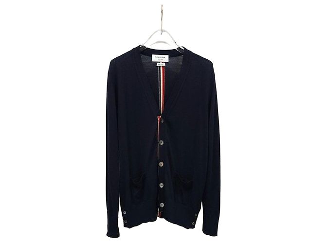 Thom Browne Three Stripe Back Stripe Wool Cardigan Navy