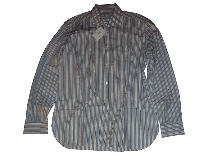 Autre Marque Luigi Borrelli Camicia a righe in cotone blu e marrone 43