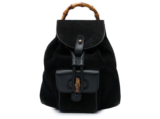 Gucci Black Suede Bamboo Drawstring Backpack