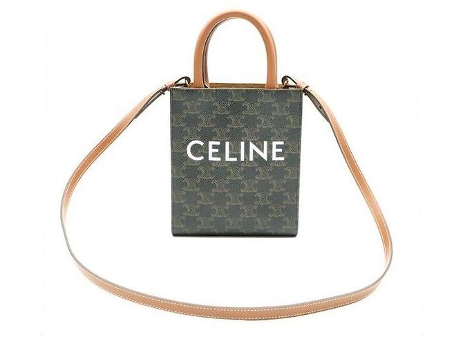 Céline Mini Vertical Cabas em tela e couro de bezerro Tan