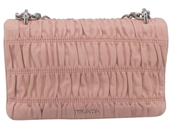 PRADA Bolsa de Ombro com Corrente em Couro Rosa Prata Auth 210425V - Jerrillo